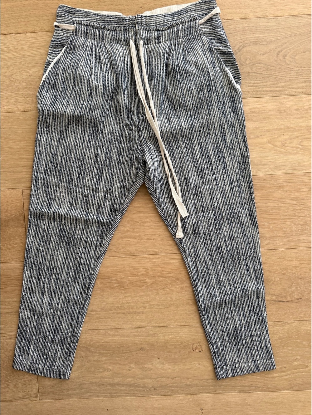 Free People Light at Sunrise Crop Pants Size 8 Indigo Stripe Tie Waist